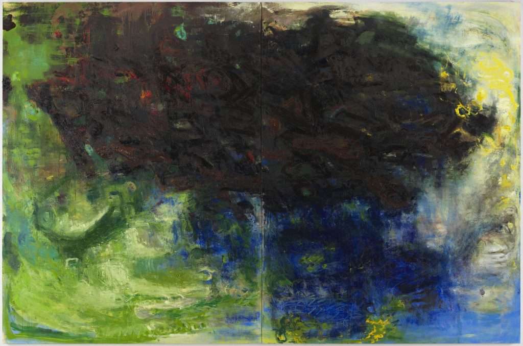 Un dipinto astratto di Helen O’Toole, nei toni del nero, verde e blu.
