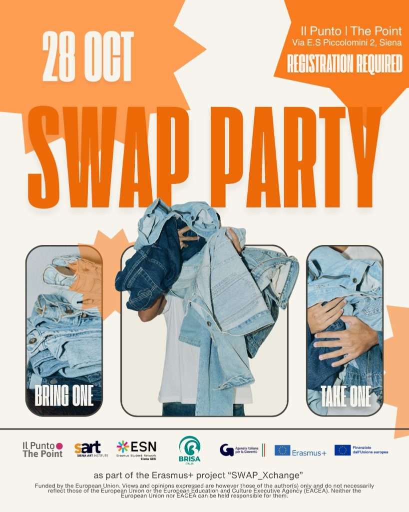 Un poster per lo Swap Party del 28 ottobre 2025 al Siena Art Institute.