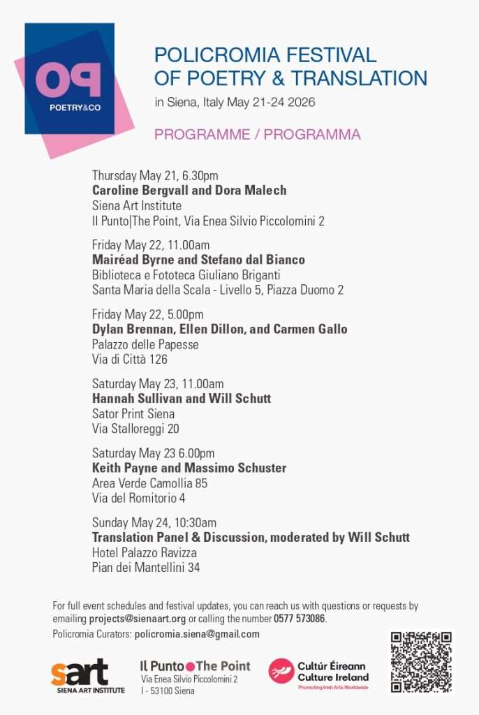 Complete program of the Policromia Festival of Poetry & Translation in Siena, May 21-24 2026. Including logos and QR code. 
