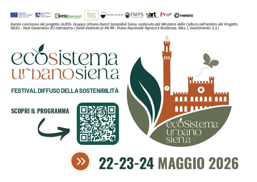 Locandina dell'evento EcoSistema Urbano, Festival diffuso della sostenibilità. Sono presenti i vari loghi degli enti e organizzazioni, le date, il logo e il QR code