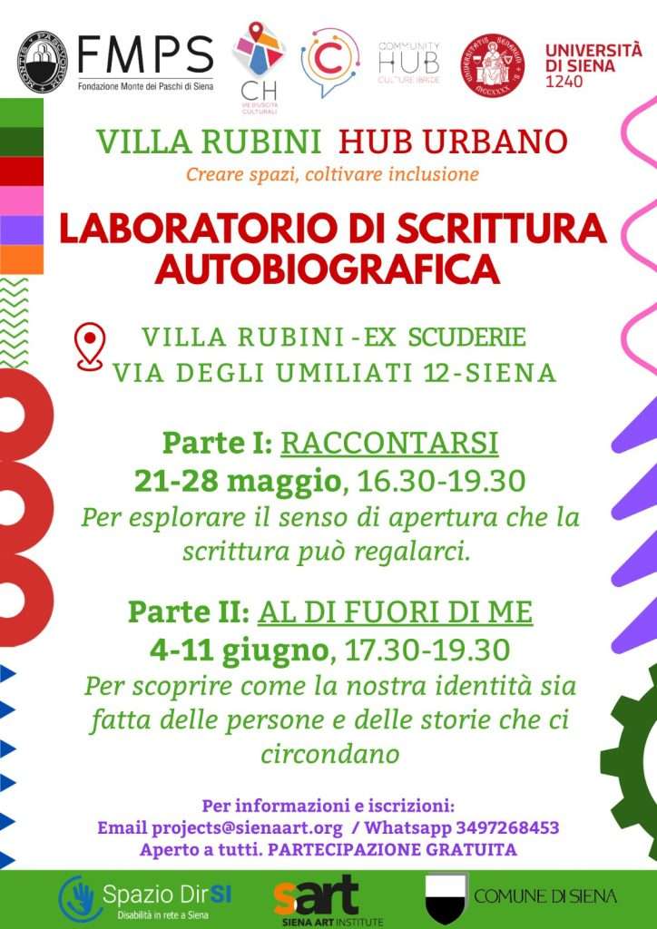 Volantino per Workshop gratuito di scrittura autobiografica che include i loghi degli enti organizzatori, il luogo e la descrizione del contenuto dei due incontri con le rispettive date e gli orari. 
