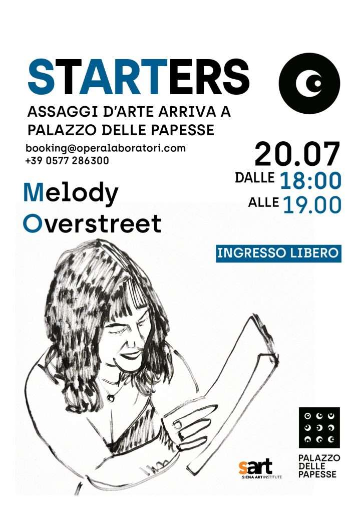 StARTers poster with date, place and time. Iluustrated portrait of the artist Meolody Overstreet