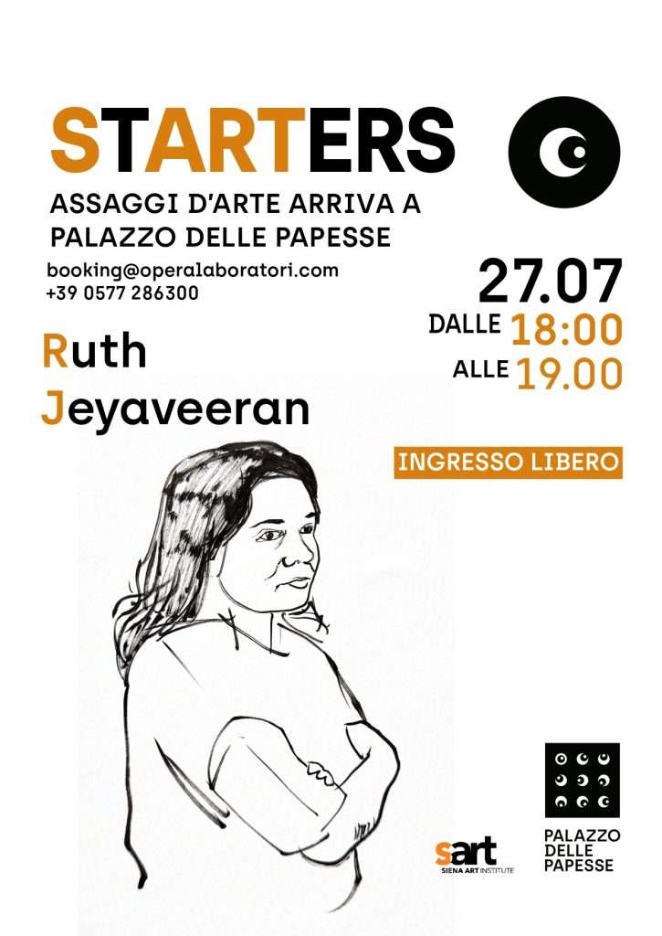 StARTers poster with place, date and time. Illustrated portrait of the artist Ruth Jeyaveeran